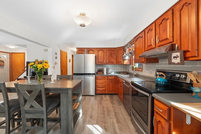 kitchen with sink, stainless steel appliances, light wood-type flooring, and decorative backsplash