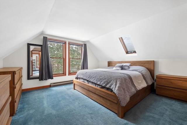 bedroom featuring a baseboard radiator, dark colored carpet, and lofted ceiling with skylight