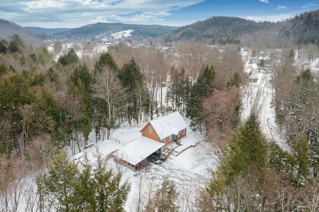 snowy aerial view with a mountain view