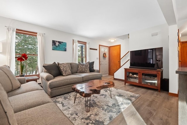 living room with wood-type flooring and a wealth of natural light