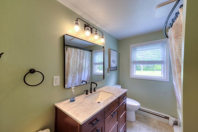 36 Winthrop St, West Boylston, MA 01583 - bathroom featuring toilet, a baseboard heating unit, vanity, baseboards, and a shower with curtain