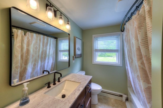 36 Winthrop St, West Boylston, MA 01583 - bathroom featuring baseboard heating, toilet, vanity, baseboards, and shower / bath combo with shower curtain