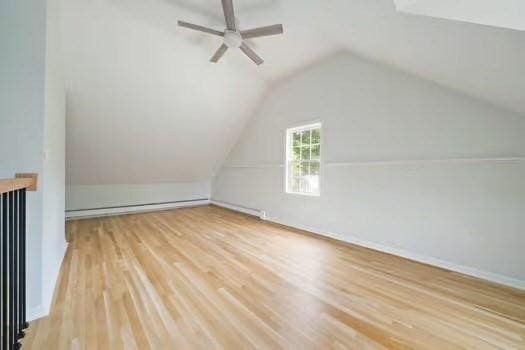368 King St, Hanover, MA 02339 - bonus room featuring ceiling fan, wood finished floors, lofted ceiling, radiator heating unit, and baseboards
