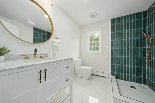 368 King St, Hanover, MA 02339 - bathroom with vanity, toilet, tiled shower, and baseboard heating