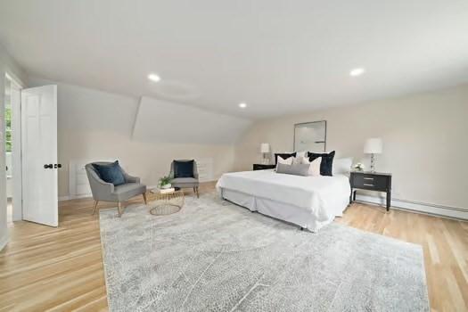 368 King St, Hanover, MA 02339 - bedroom featuring light wood-style floors, vaulted ceiling, recessed lighting, and baseboards