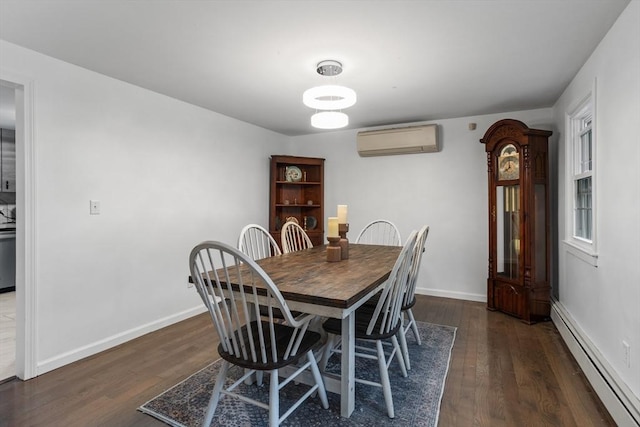 dining room featuring a baseboard radiator, a wall mounted air conditioner, wood finished floors, and baseboards