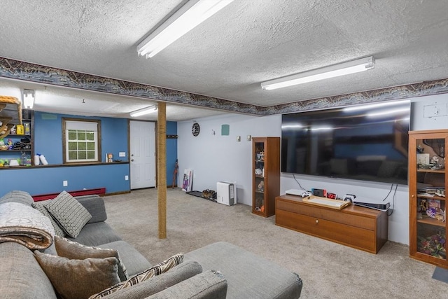 living area featuring carpet and a textured ceiling
