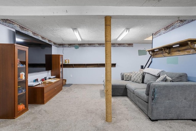 finished below grade area with carpet floors and a textured ceiling