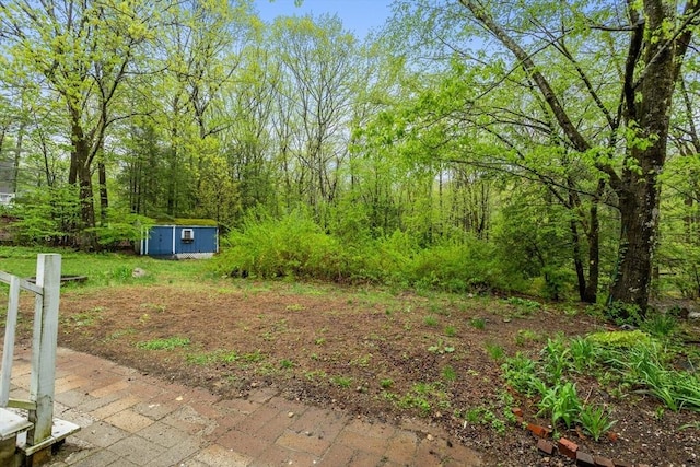 view of yard featuring a storage unit, an outbuilding, and a forest view