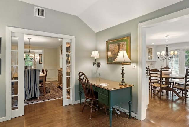 5 Coburn Rd, Hopkinton, MA 01748 - office space with a chandelier, dark wood-style floors, and vaulted ceiling