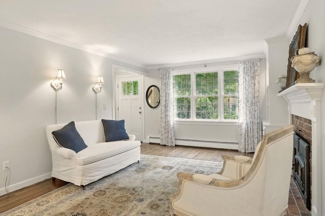 5 Coburn Rd, Hopkinton, MA 01748 - living room featuring ornamental molding, baseboard heating, a brick fireplace, wood finished floors, and baseboards