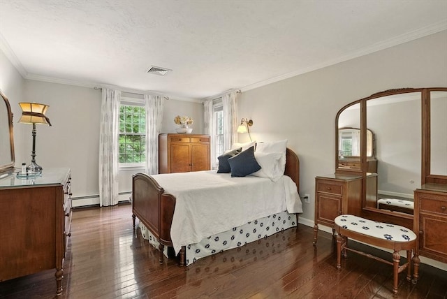 5 Coburn Rd, Hopkinton, MA 01748 - bedroom with dark wood-style floors, crown molding, baseboards, and a baseboard radiator