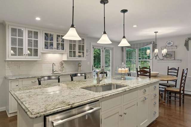 5 Coburn Rd, Hopkinton, MA 01748 - kitchen featuring dishwasher, a sink, white cabinetry, decorative backsplash, and recessed lighting