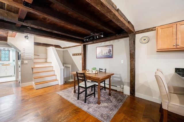 43 Mill Rd, North Andover, MA 01845 - dining area featuring beamed ceiling, wood-type flooring, stairs, and a baseboard heating unit