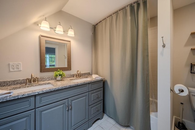 43 Mill Rd, North Andover, MA 01845 - full bath featuring vaulted ceiling, double vanity, shower / bath combination with curtain, and tile patterned floors