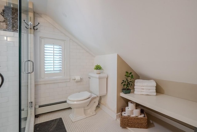 43 Mill Rd, North Andover, MA 01845 - bathroom featuring a baseboard heating unit, vaulted ceiling, tile patterned flooring, and a shower stall