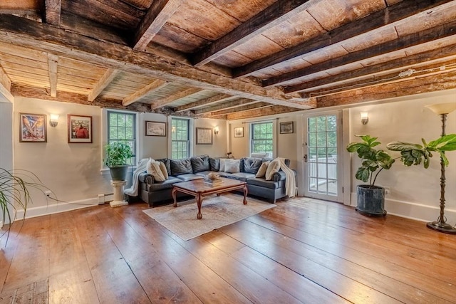 43 Mill Rd, North Andover, MA 01845 - living area with wood-type flooring, a wooden ceiling with exposed beams, and a baseboard heating unit