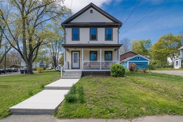 view of front of home featuring covered porch and a front yard