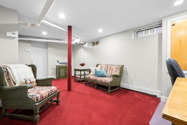 living area featuring carpet floors, recessed lighting, and baseboards