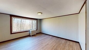 empty room featuring radiator and light hardwood / wood-style floors