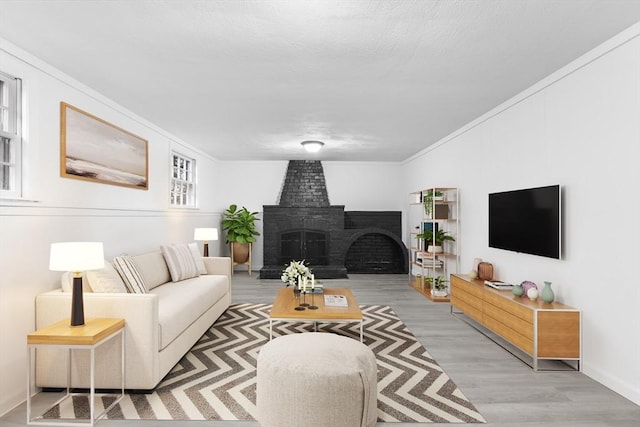 living area featuring ornamental molding, light wood-type flooring, and a fireplace