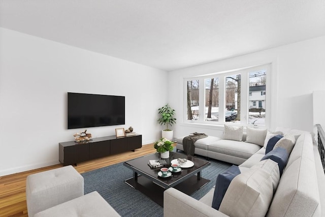 living room featuring wood finished floors and baseboards