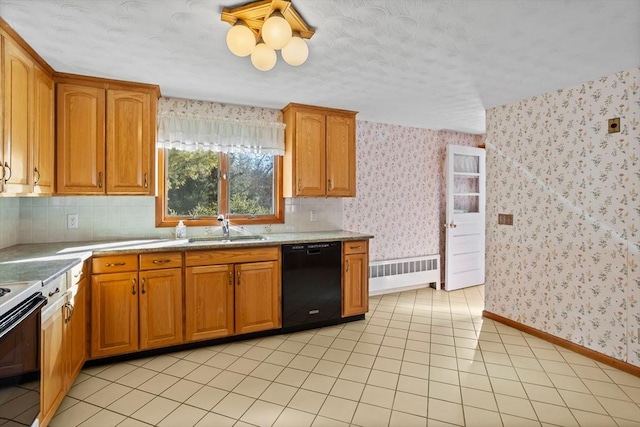 kitchen featuring sink, light tile patterned floors, radiator, dishwasher, and range with electric cooktop