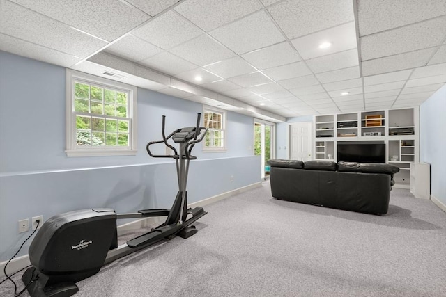 7 Cider Hill Ln, Sherborn, MA 01770 - workout area with baseboards, healthy amount of natural light, a drop ceiling, and carpet floors