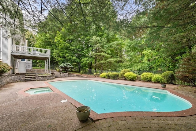 7 Cider Hill Ln, Sherborn, MA 01770 - swimming pool with an in-ground hot tub, a wooden deck, stairway, and a patio