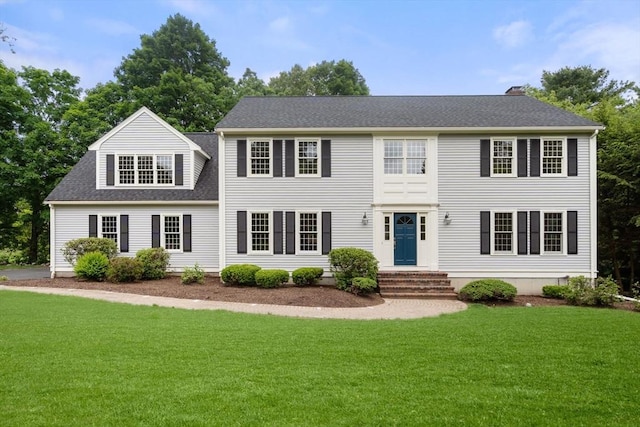 7 Cider Hill Ln, Sherborn, MA 01770 - colonial inspired home with a front yard, a chimney, and a shingled roof