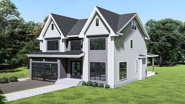 modern farmhouse featuring a front yard