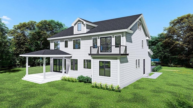 rear view of property featuring a lawn, a balcony, and a patio