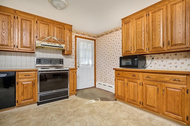 kitchen featuring black appliances, under cabinet range hood, a baseboard radiator, wallpapered walls, and brown cabinetry