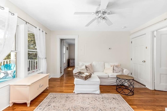 living room featuring ceiling fan, baseboards, and light wood-type flooring