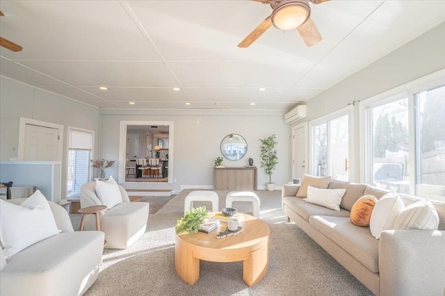 living room featuring ceiling fan, an AC wall unit, and carpet floors