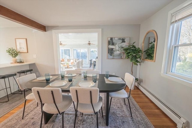 dining room featuring ceiling fan, beam ceiling, wood-type flooring, and baseboard heating