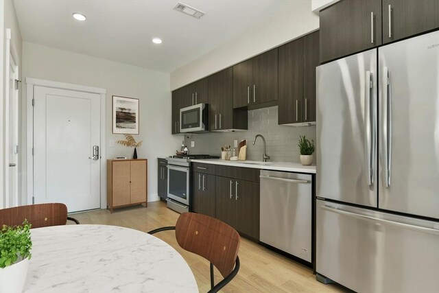 kitchen featuring visible vents, appliances with stainless steel finishes, a sink, light countertops, and light wood-style floors