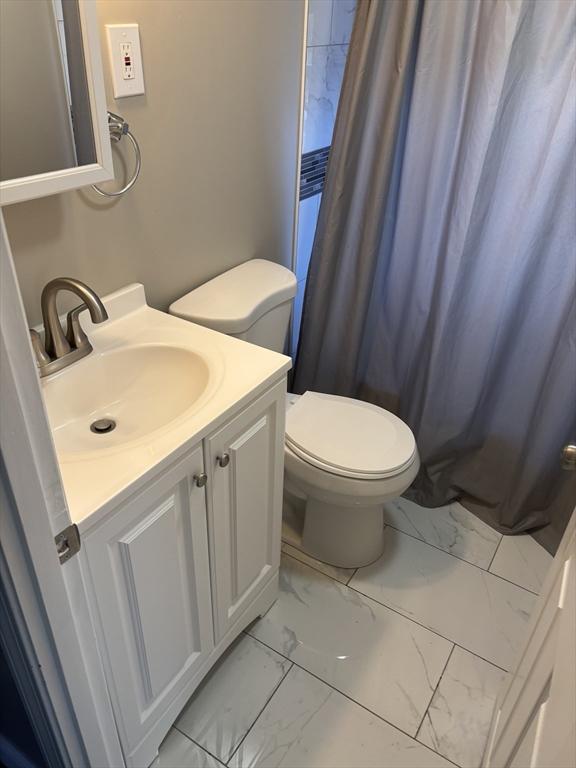 bathroom featuring a shower with curtain, vanity, and toilet