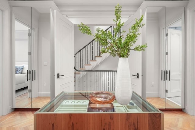 interior space featuring light parquet flooring