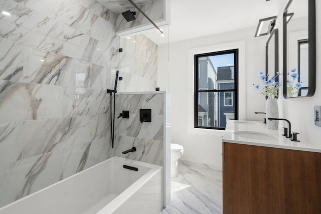 full bathroom featuring marble finish floor, double vanity, toilet, a sink, and a combined bath / shower with marble appearance