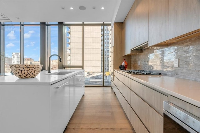 kitchen with a view of city, stainless steel gas cooktop, light countertops, a sink, and white dishwasher