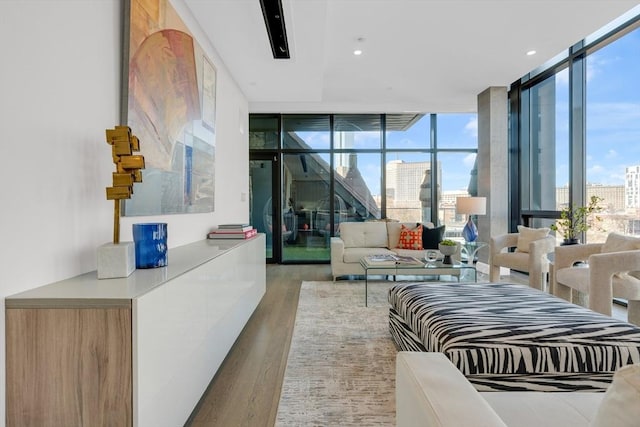 living room featuring light wood finished floors, a view of city, floor to ceiling windows, and a wealth of natural light