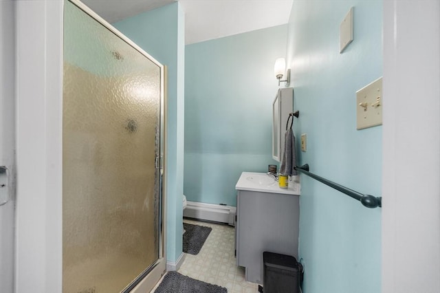 41 Sherrick Ave, Holbrook, MA 02342 - bathroom with vanity, a shower stall, tile patterned floors, and baseboard heating