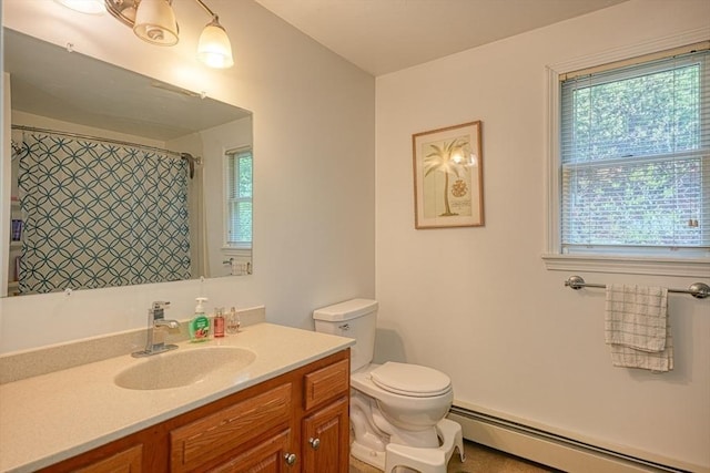 5 Rollie Shepard Dr, Millbury, MA 01527 - full bath featuring a baseboard radiator, toilet, vanity, and a shower with curtain