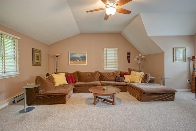 5 Rollie Shepard Dr, Millbury, MA 01527 - living room with carpet, a ceiling fan, lofted ceiling, a baseboard radiator, and baseboards