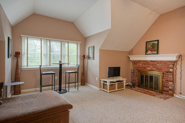 5 Rollie Shepard Dr, Millbury, MA 01527 - living area featuring lofted ceiling, carpet flooring, a fireplace, and baseboards