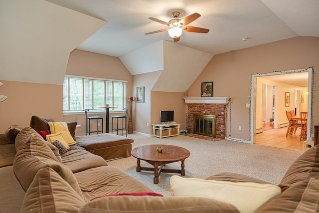 5 Rollie Shepard Dr, Millbury, MA 01527 - living area featuring vaulted ceiling, baseboards, ceiling fan, carpet, and a baseboard radiator