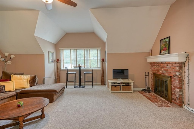 5 Rollie Shepard Dr, Millbury, MA 01527 - living room with carpet floors, a ceiling fan, vaulted ceiling, a brick fireplace, and baseboards