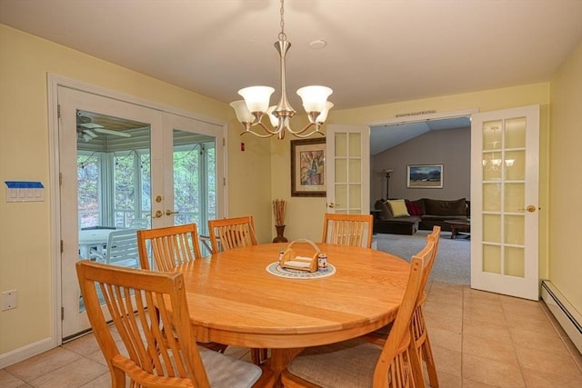 5 Rollie Shepard Dr, Millbury, MA 01527 - dining area featuring french doors, baseboard heating, light tile patterned flooring, a chandelier, and baseboards