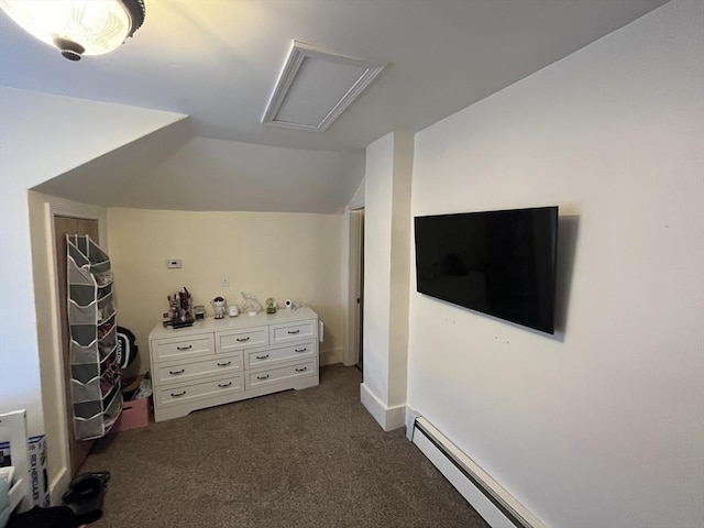 bonus room with dark colored carpet, a baseboard radiator, and lofted ceiling